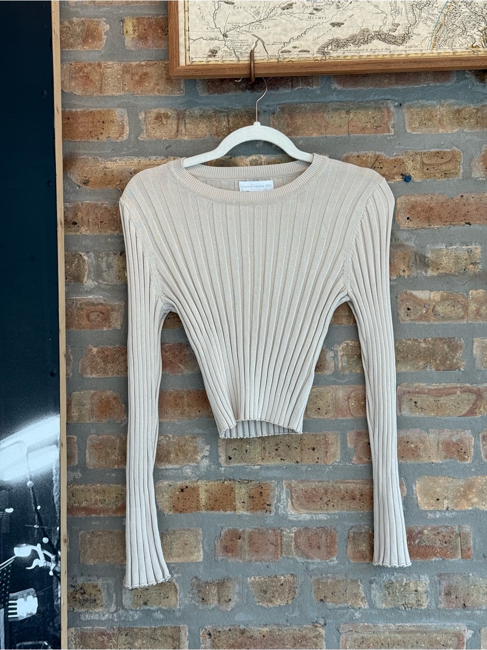House of Harlow 1960 Ribbed Long-Sleeve Crop Top in Beige
